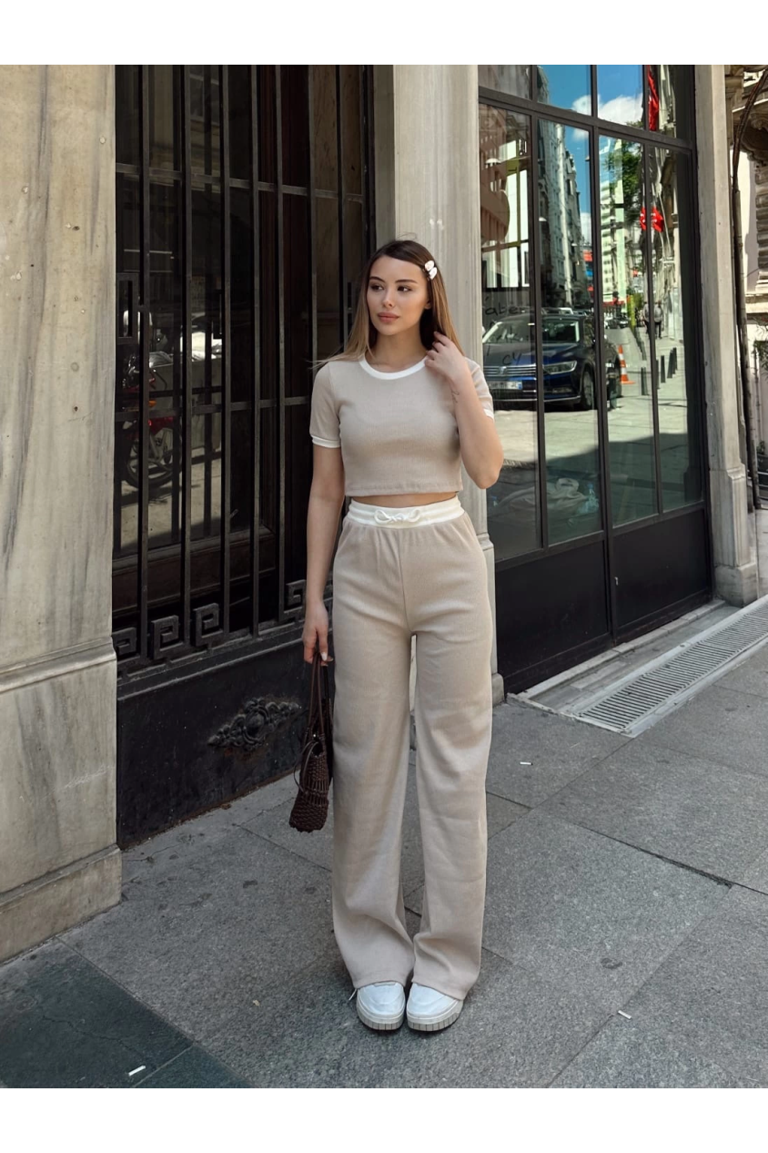 Crop pantolon biyeli takım bej