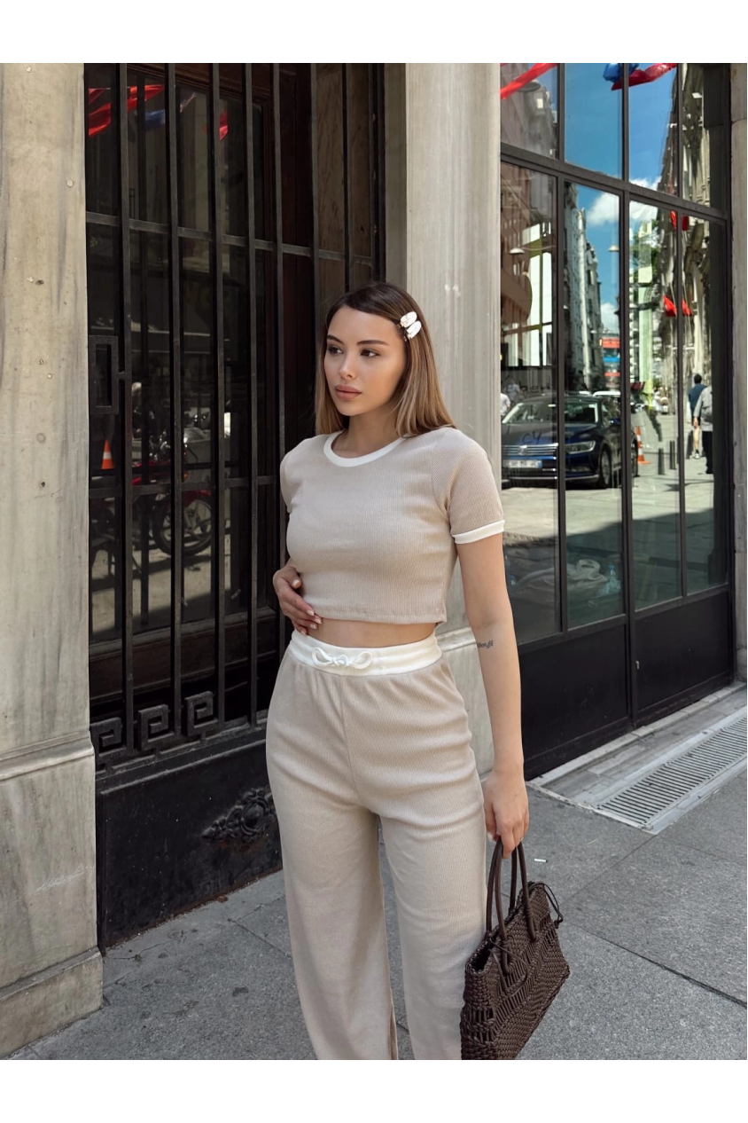 Crop pantolon biyeli takım bej