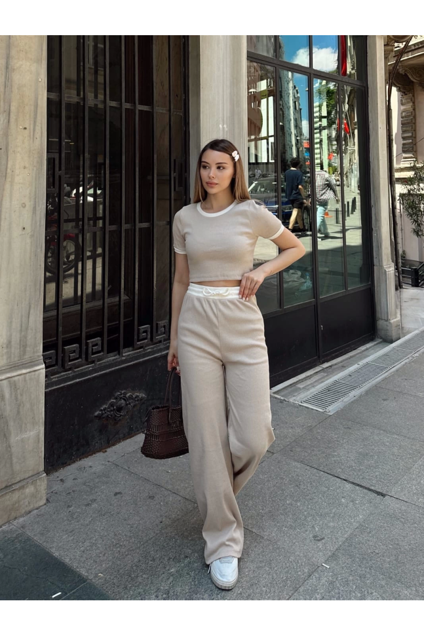 Crop pantolon biyeli takım bej
