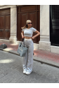 Crop pantolon biyeli takım gri