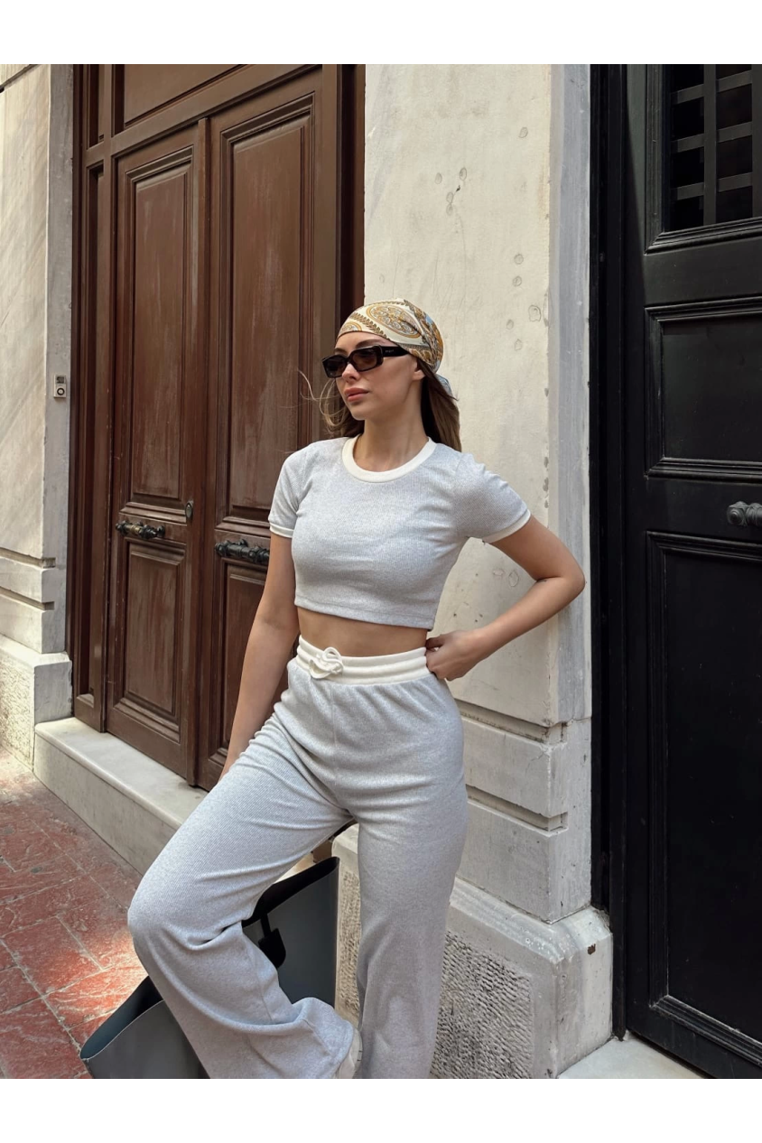 Crop pantolon biyeli takım gri