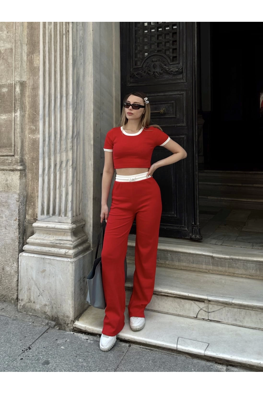 Crop pantolon biyeli takım kırmızı