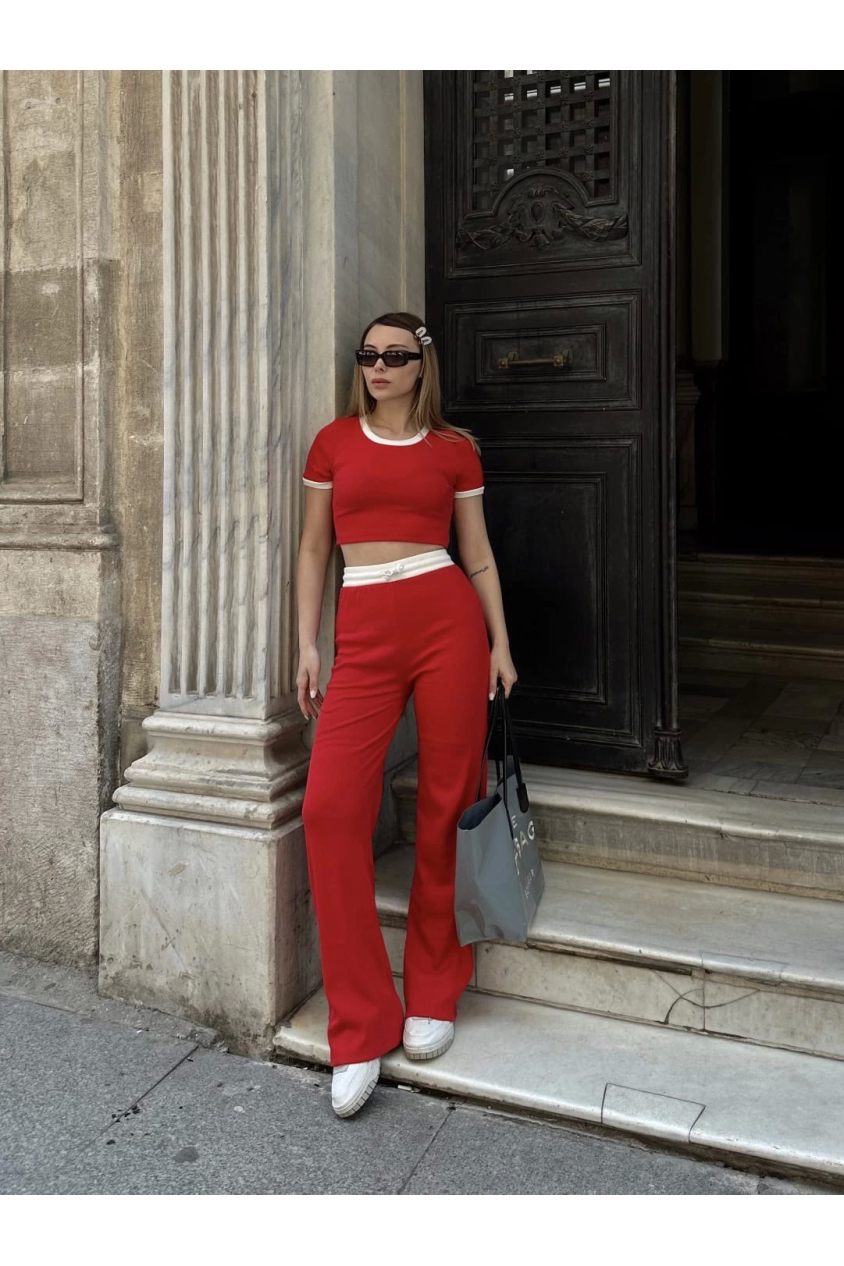 Crop pantolon biyeli takım kırmızı