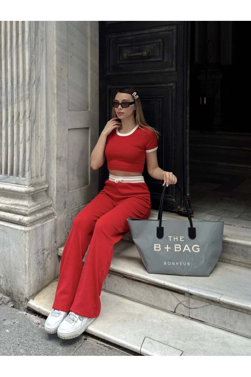 Crop pantolon biyeli takım kırmızı