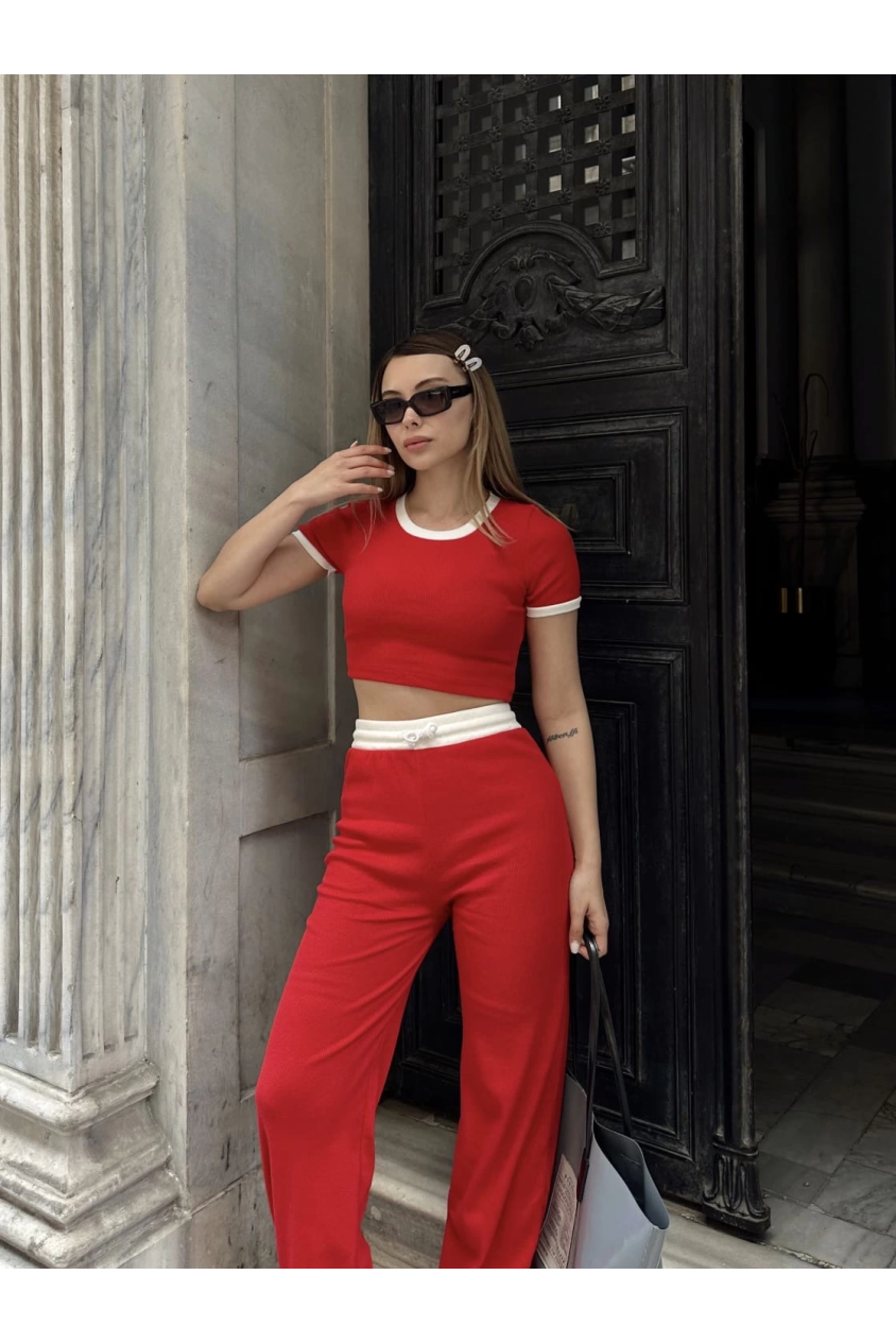 Crop pantolon biyeli takım kırmızı