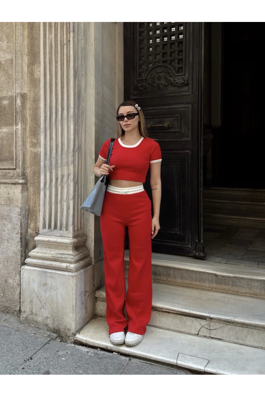Crop pantolon biyeli takım kırmızı
