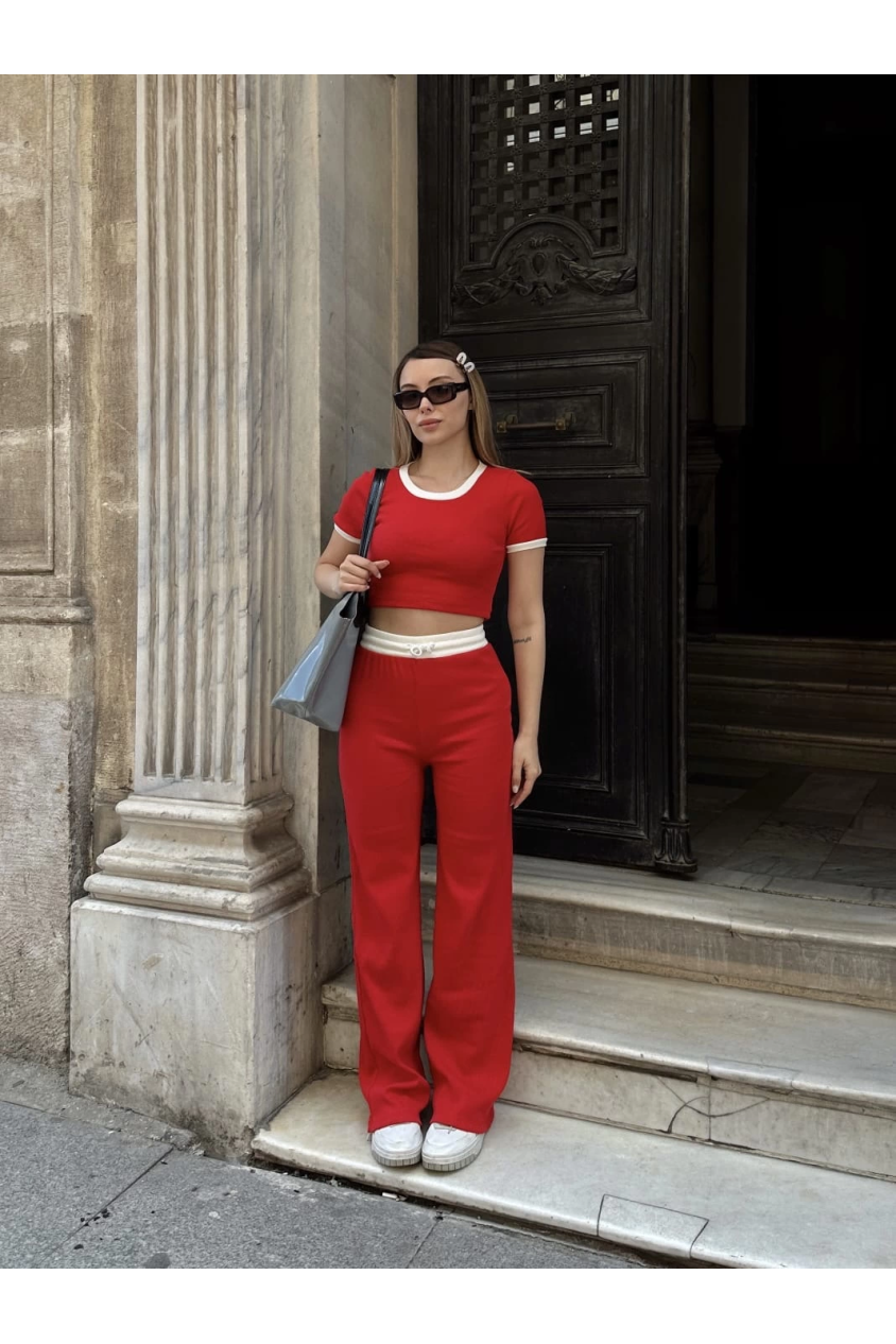 Crop pantolon biyeli takım kırmızı