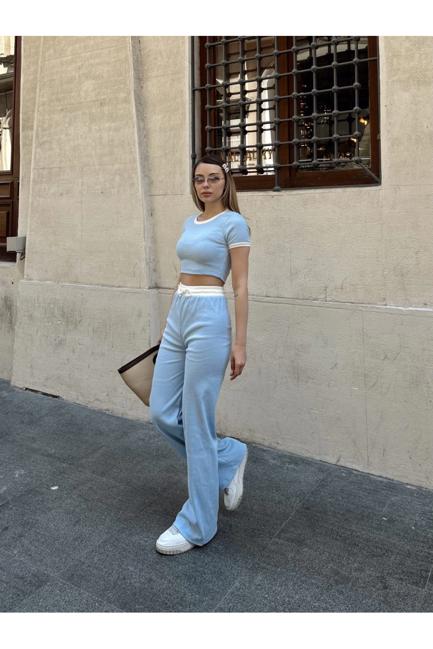 Crop pantolon biyeli takım mavi
