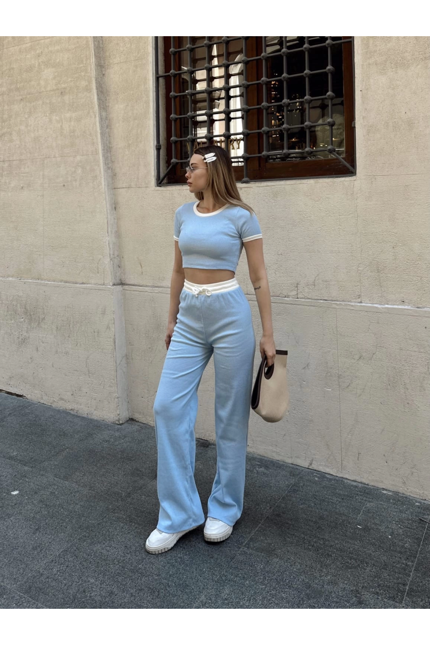 Crop pantolon biyeli takım mavi