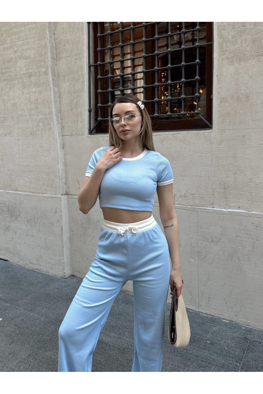 Crop pantolon biyeli takım mavi