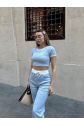 Crop pantolon biyeli takım mavi
