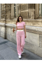 Crop pantolon biyeli takım pembe