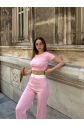 Crop pantolon biyeli takım pembe