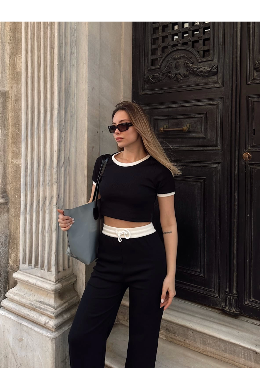 Crop pantolon biyeli takım siyah