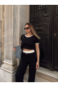 Crop pantolon biyeli takım siyah