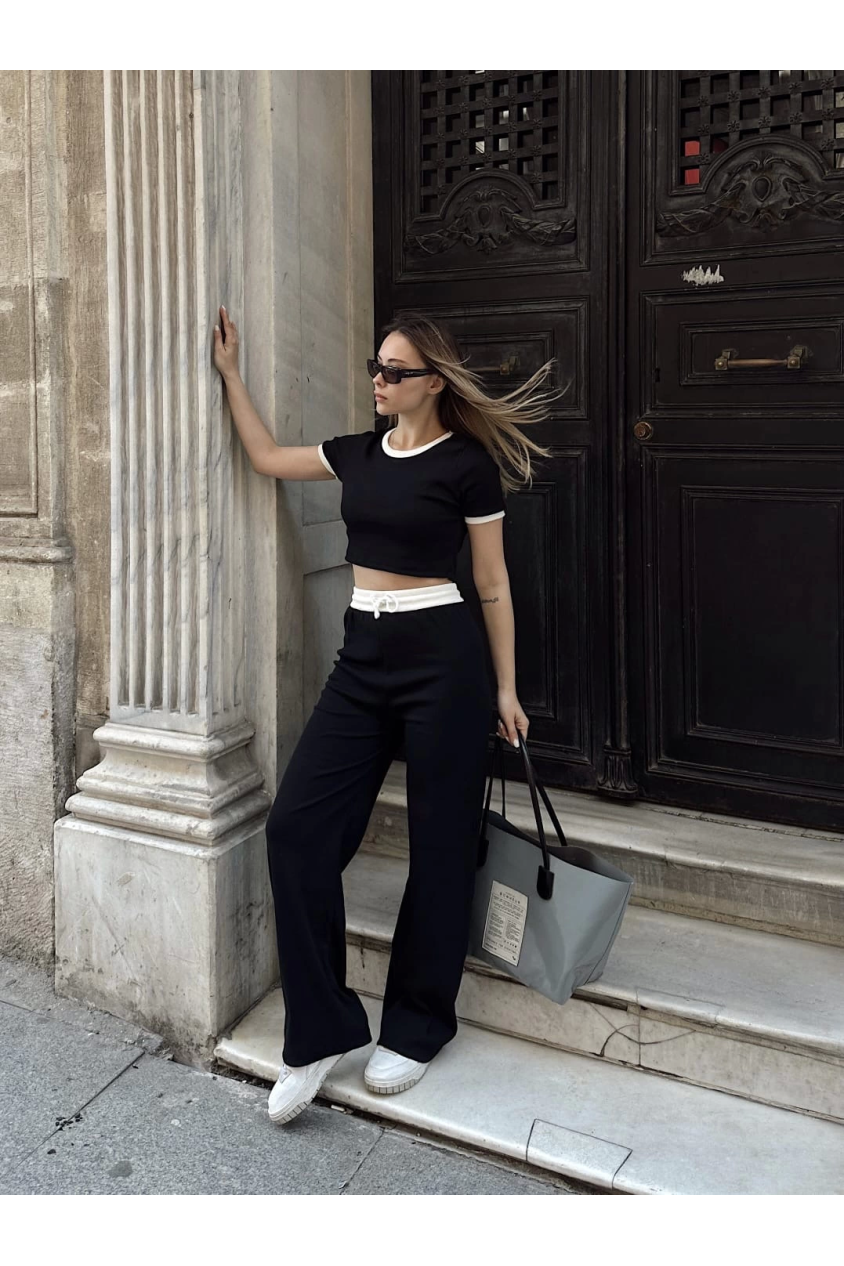 Crop pantolon biyeli takım siyah