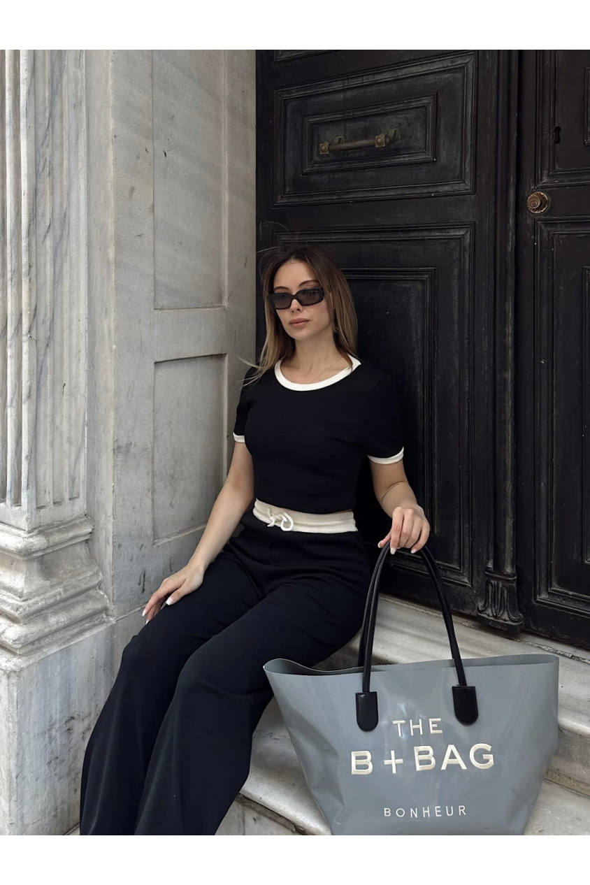 Crop pantolon biyeli takım siyah