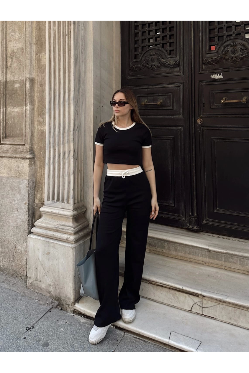 Crop pantolon biyeli takım siyah