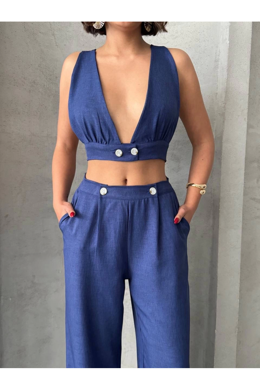 Crop pantolon keten takım s255012