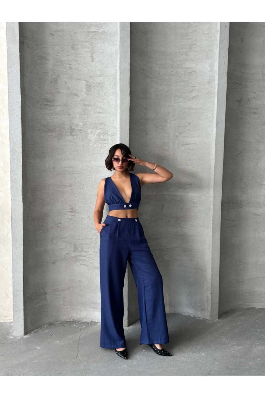 Crop pantolon keten takım s255012