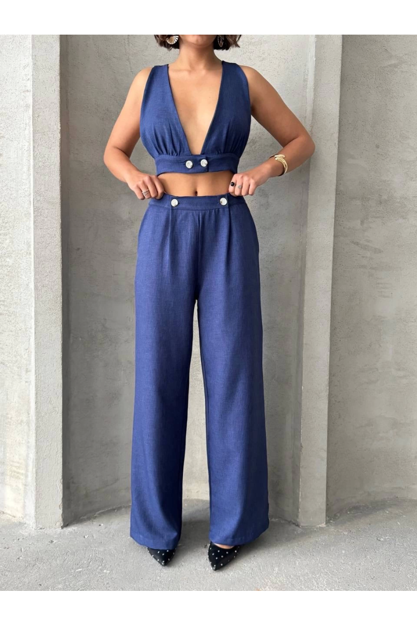 Crop pantolon keten takım s255012