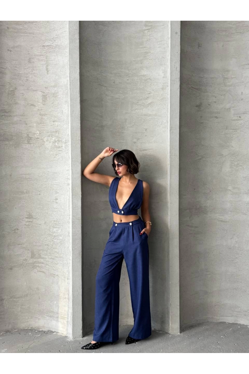 Crop pantolon keten takım s255012