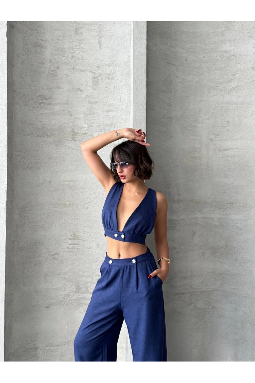 Crop pantolon keten takım s255012