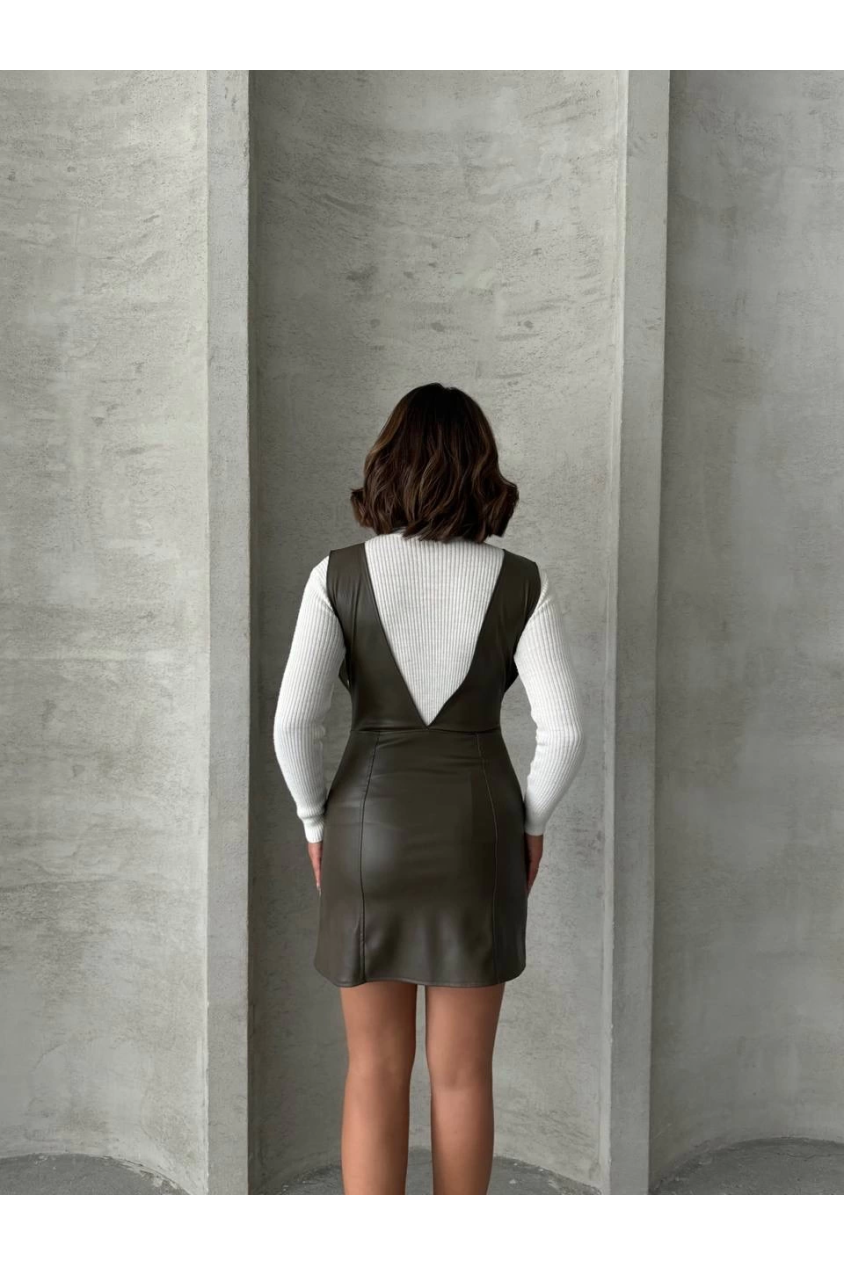 Deri jile elbise haki w24796