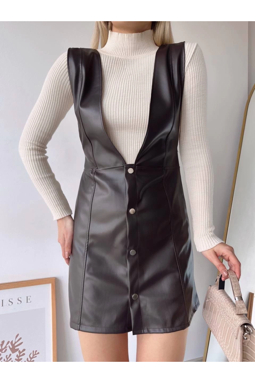 Deri jile elbise kahve w24796