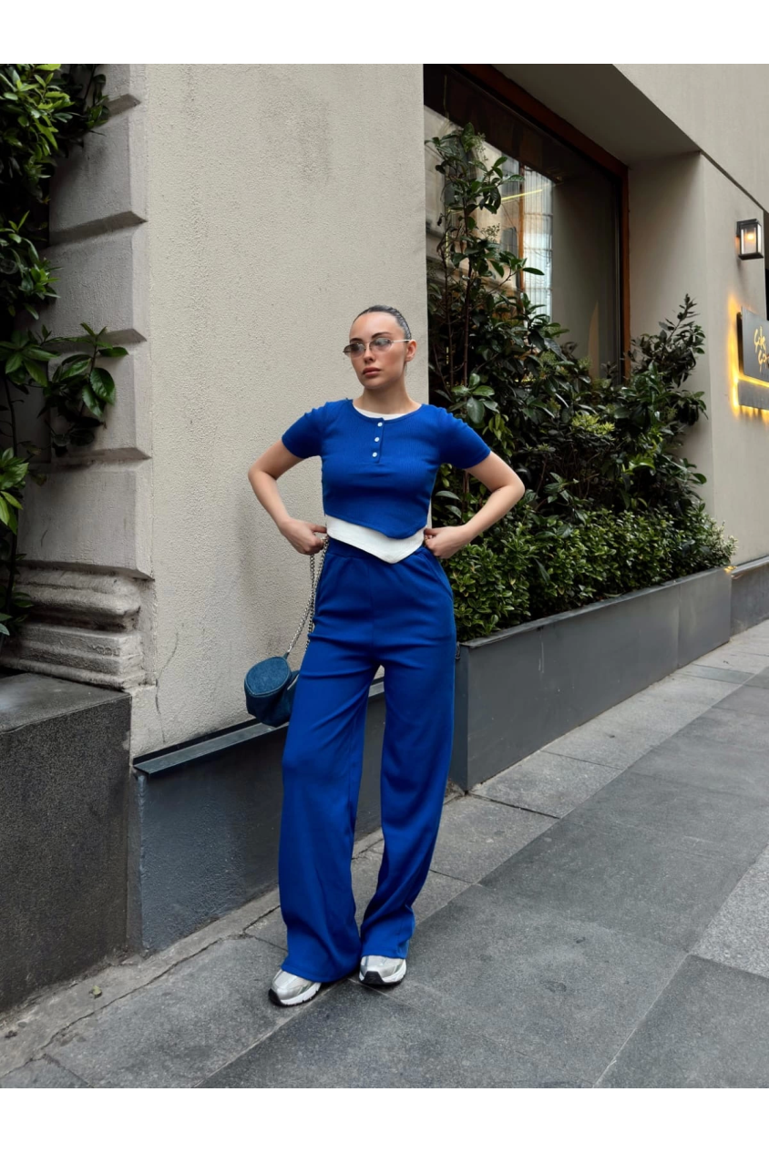 Düğme yakalı saks alt üst takım s3943