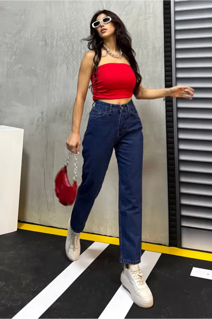 Düz orta kadın mavi slim fit mom pantolon