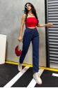 Düz orta kadın mavi slim fit mom pantolon