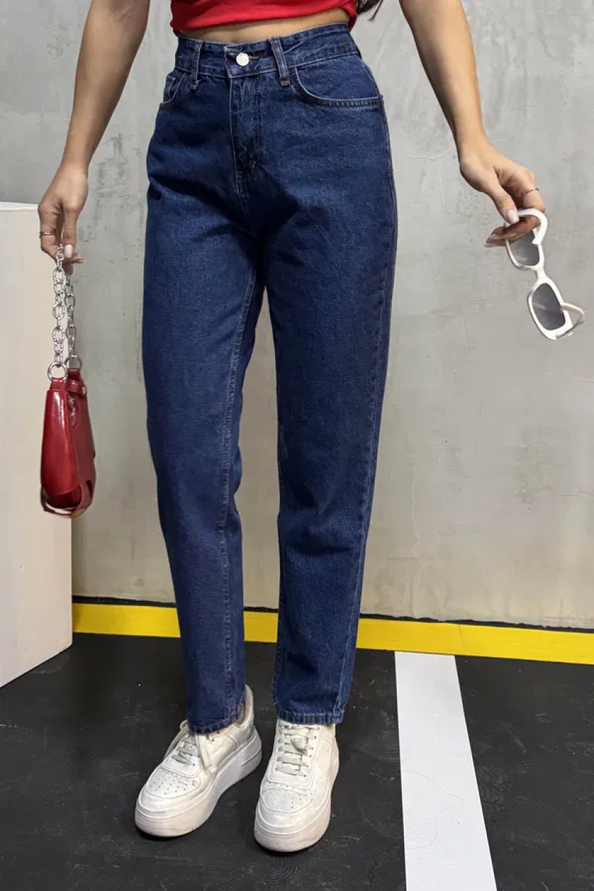 Düz orta kadın mavi slim fit mom pantolon