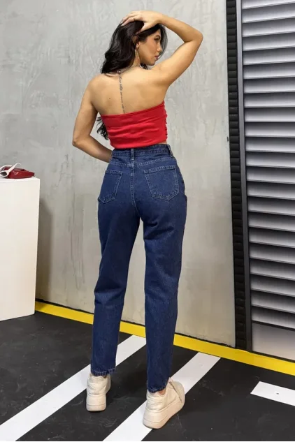 Düz orta kadın mavi slim fit mom pantolon