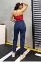 Düz orta kadın mavi slim fit mom pantolon