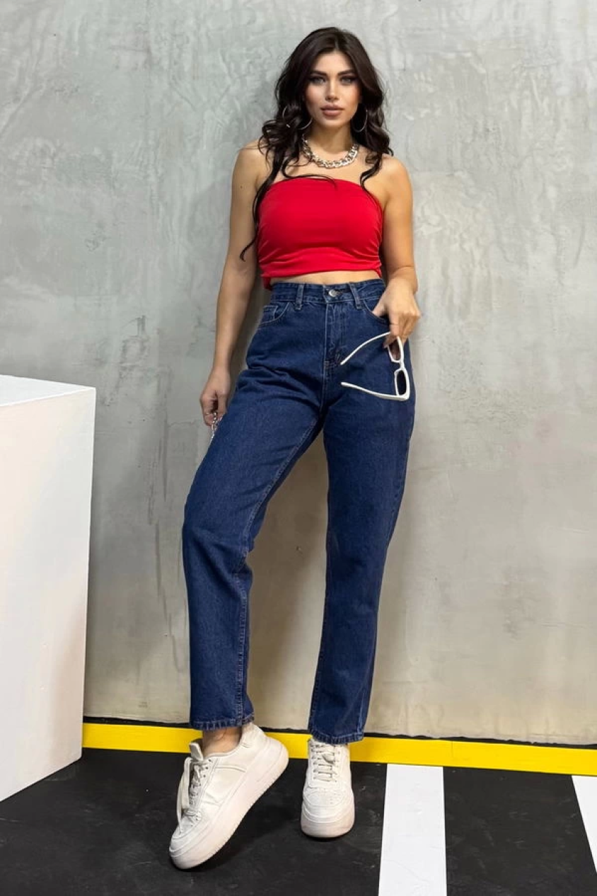 Düz orta kadın mavi slim fit mom pantolon