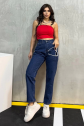 Düz orta kadın mavi slim fit mom pantolon