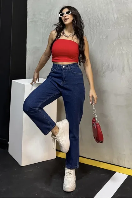 Düz orta kadın mavi slim fit mom pantolon
