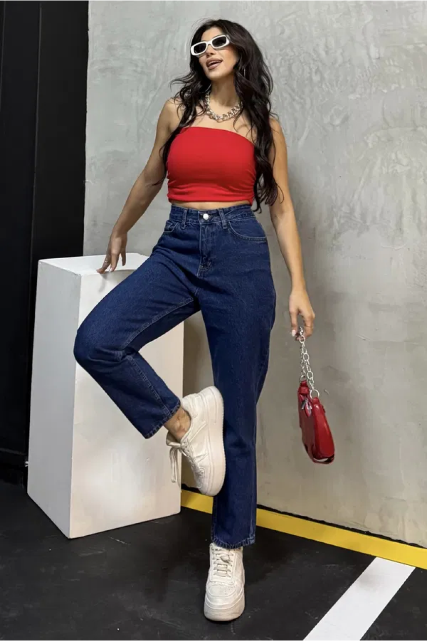 Düz orta kadın mavi slim fit mom pantolon