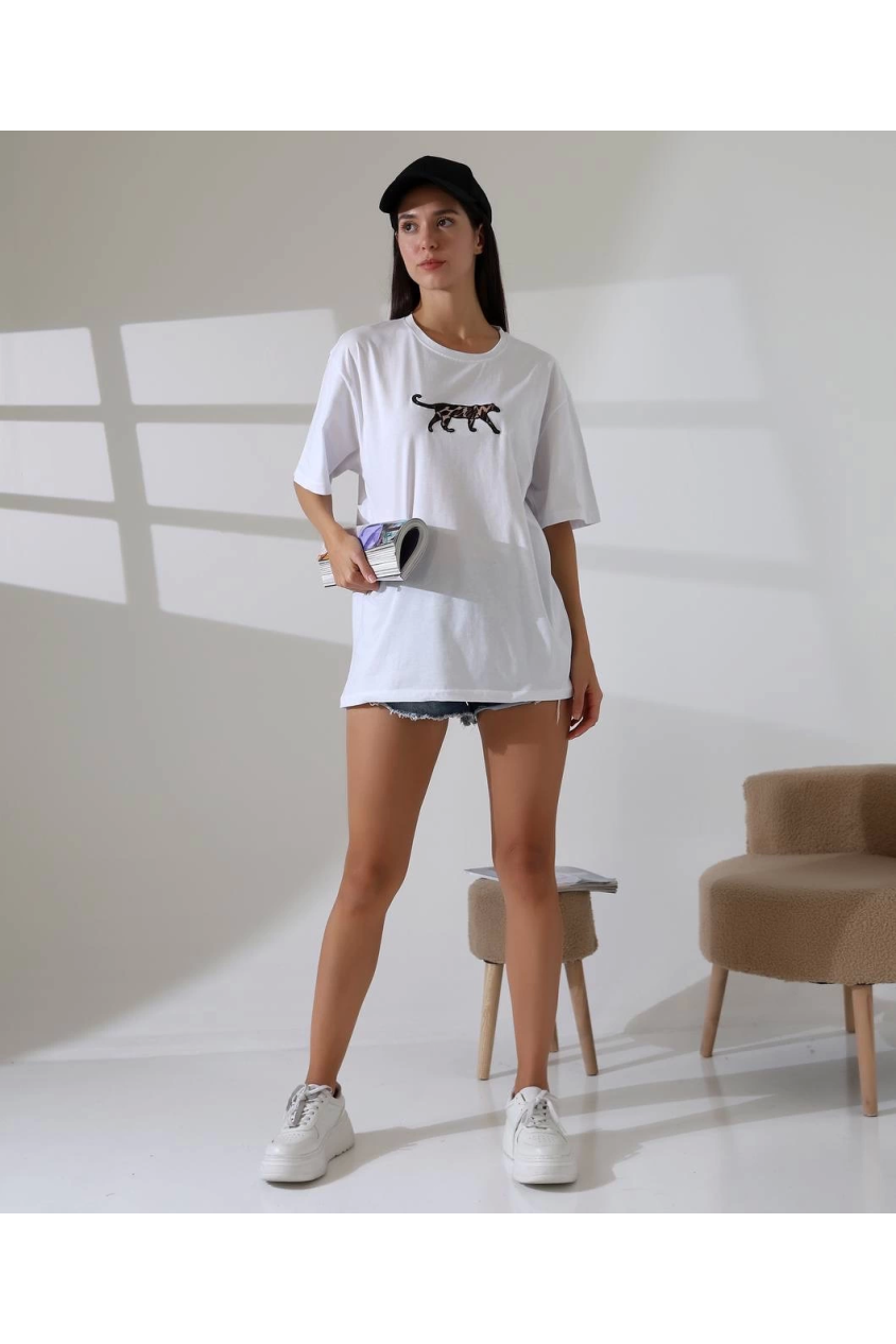 Kaplan nakış işlemeli oversize tişört