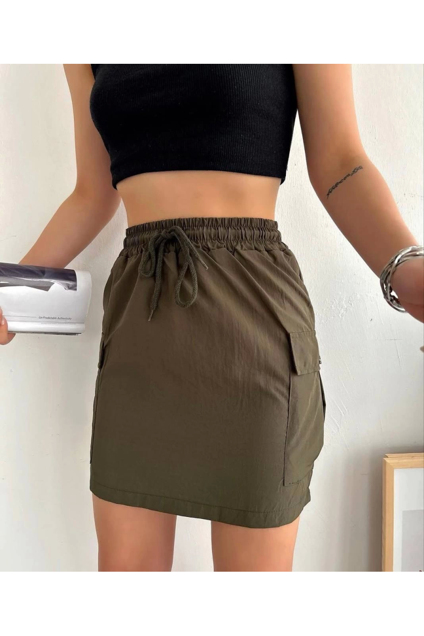 Kargo cep ince paraşüt etek haki s241019
