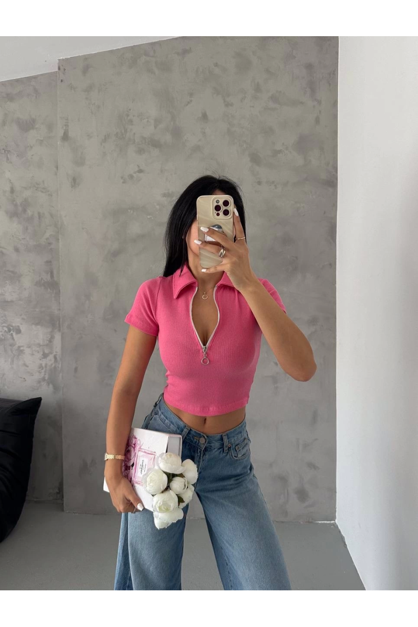 Kaşkorse yaka fermuarlı bluz fuşya