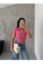 Kaşkorse yaka fermuarlı bluz fuşya