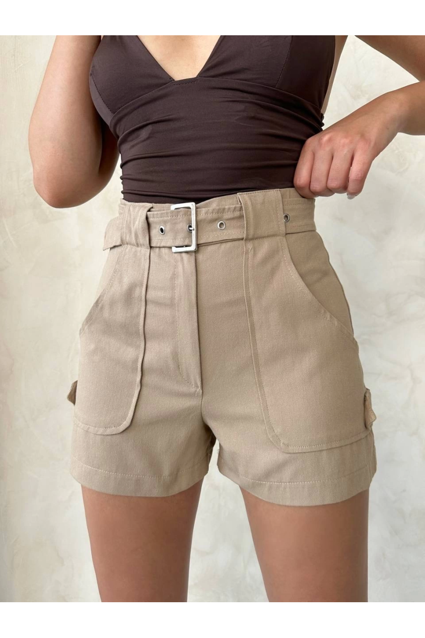 Kemer detaylı gabardin şort bej s25289