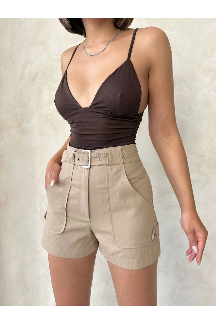 Kemer detaylı gabardin şort bej s25289