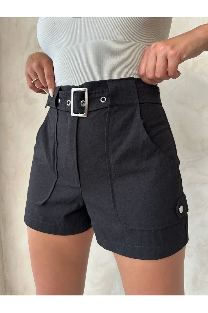 Kemer detaylı gabardin şort siyah s25289