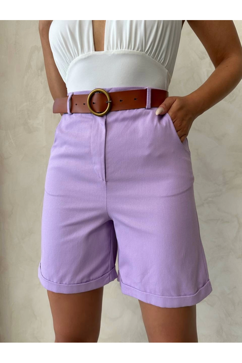 Kemerli gabardin şort lila s25735