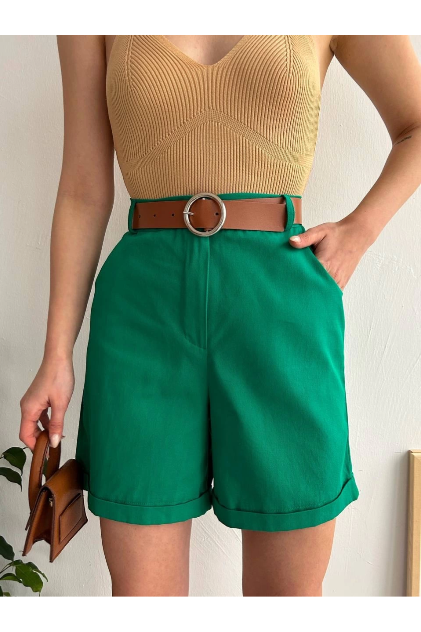 Kemerli gabardin şort yeşil s25735