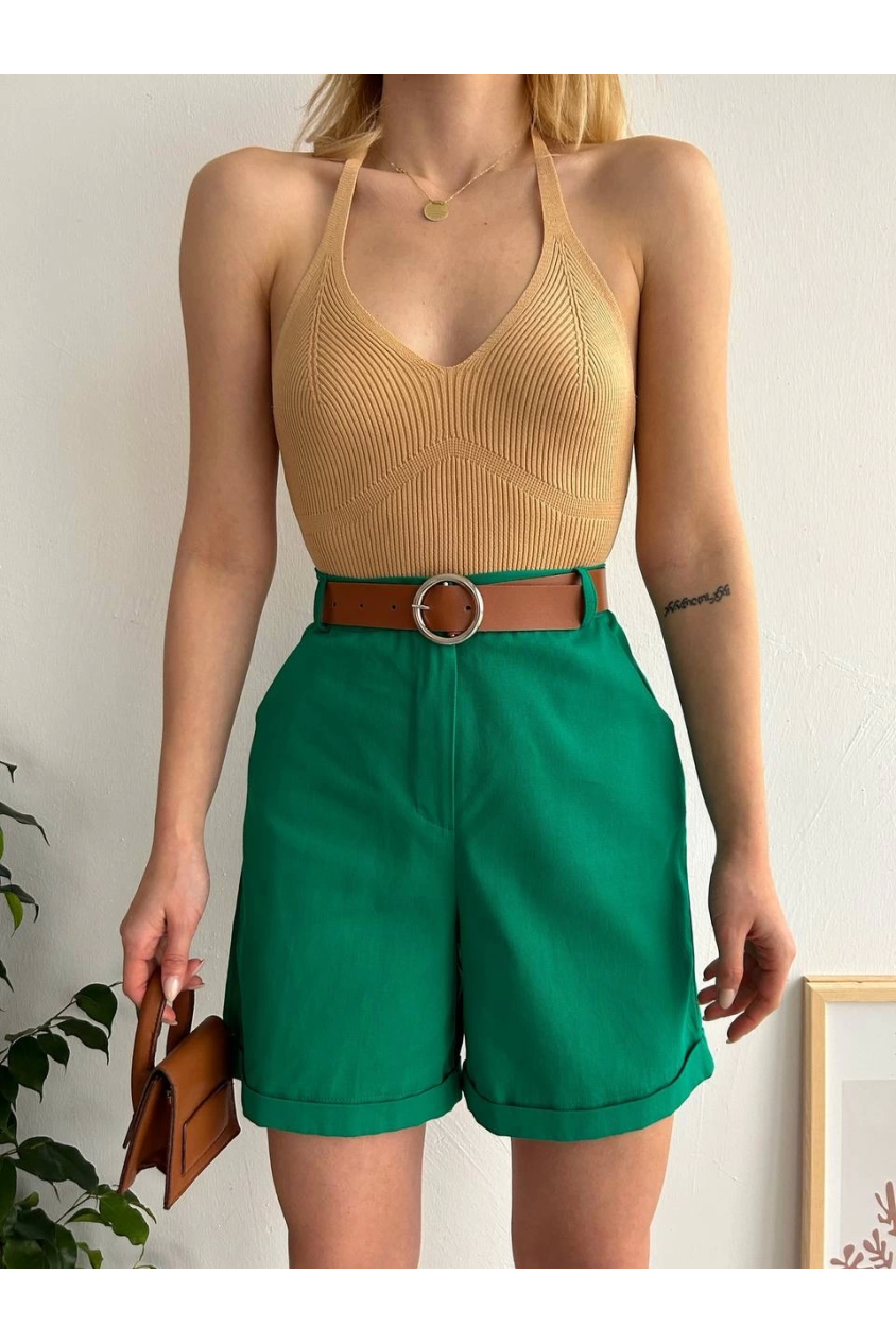 Kemerli gabardin şort yeşil s25735