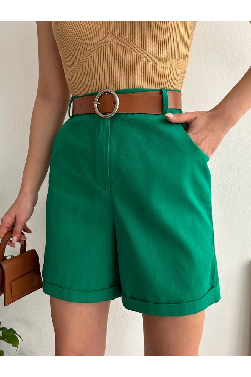 Kemerli gabardin şort yeşil s25735